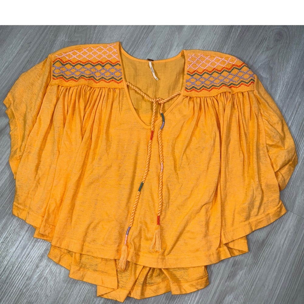 Free People Yellow Orange Embroidered Boho Peasant Top